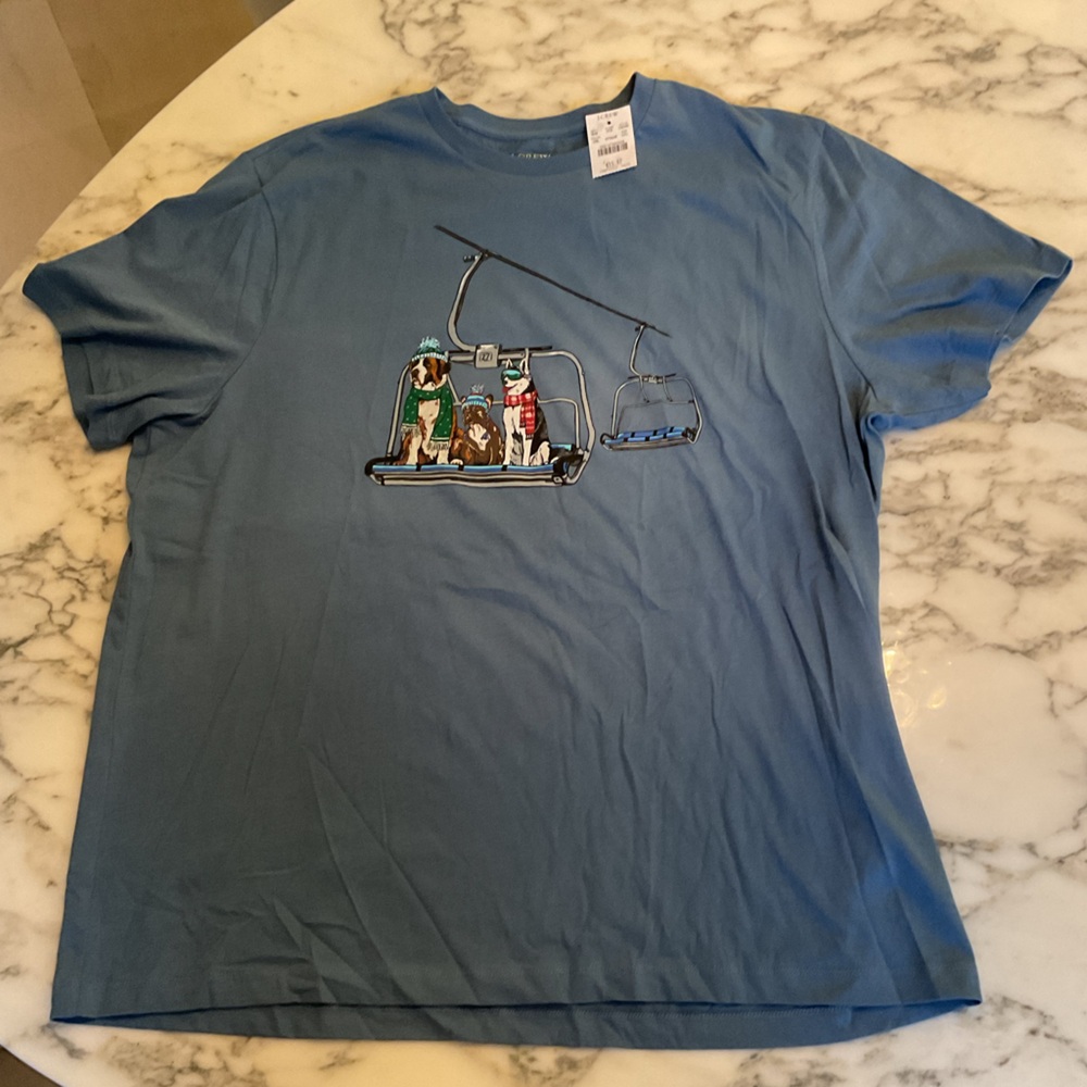 NWT J Crew Factory Dog ski lift graphic blue cotton tee winter Sold out XL - Picture 5 of 6
